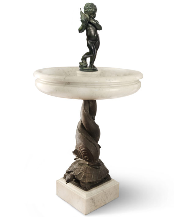 Dolphin on turtle fountain. Bronze and marble fountain for sale, Pietro Bazzanti Art Gallery, Florence, Italy