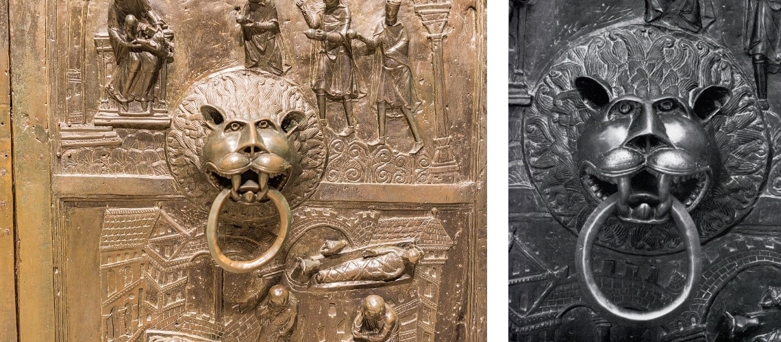 galleria pietro bazzanti fonderia artistica ferdinando marinelli firenze vendita sculture in marmo e bronzo porta bronzo hildeseim dettaglio